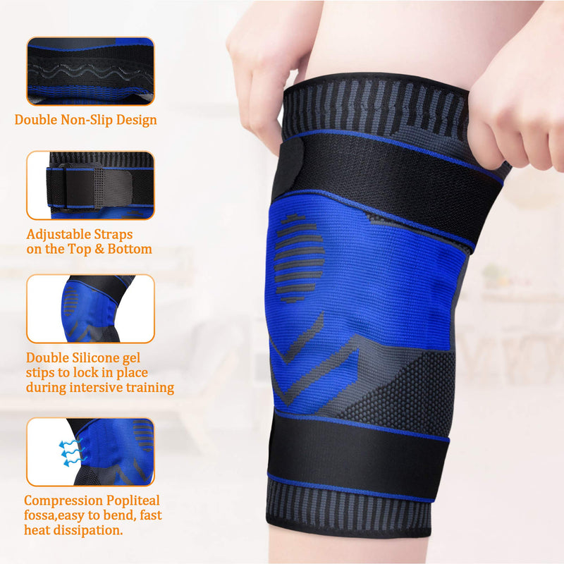 [Australia - AusPower] - Knee Compression Sleeve Support, Professional Knee Brace With Patella Gel Pad & Side Spring Stabilizers, Double Adjustt Straps, Medical Grade Knee Protector For Large Blue 1 
