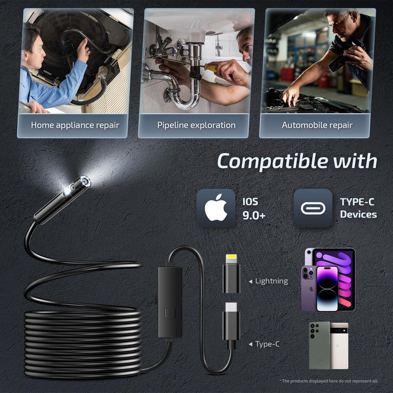 [Australia - AusPower] - [Dual-Lens] Endoscope Camera with Light, 1920P Borescope Inspection Camera with 8+1 Adjustable LED Lights, Semi-Rigid Snake Cable 16.5FT, IP67 Waterproof for iPhone, iPad, Samsung,Cool Gadgets for Men 