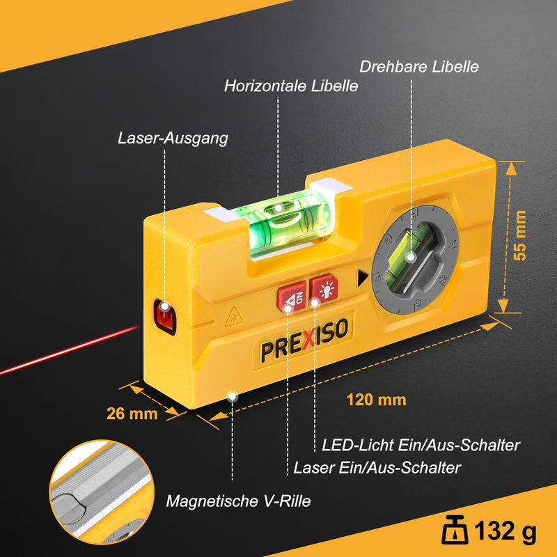 PREXISO 2 in 1 Laser Spirit Level Torpedo Spirit Level with LED Light | Magnet and 10m Laser Cross Line Laser Digital Spirit Level with Laser for Pictures, Markings, DIY