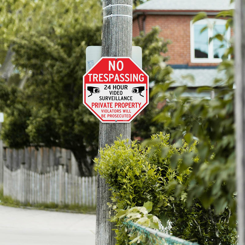 T&R Large No Trespassing Private Property Sign Video Surveillance Sign - 4 Pack - 12"x12" .040 Rust Free Heavy Aluminum, Reflective, Waterproof, Weatherproof and Fade Resistant, 4 pre-drilled holes, Easy to Mount RED - 12"x12" - 4 Pack
