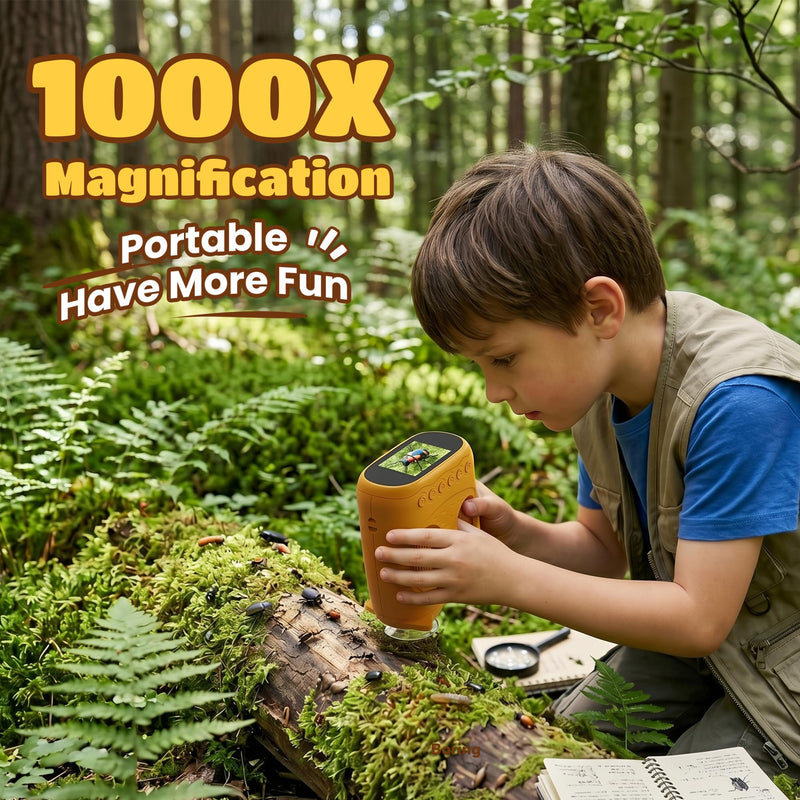 1000X Digital Microscope for Children Pocket: 2-in-1 Magnifying Glass and Telescope - Gift for Boys Girls from 3-8 8-12 Years - Experiment Set Portable Toy Outdoor Garden - STEM Birthday USB-C 1 yellow