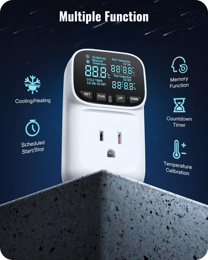 [Australia - AusPower] - Digital Temperature Controller Outlet, 15A/1800W Heavy Duty Thermostat Plug, VA LCD Display, Heating/Cooling Control, -40°F~210°F, 4 Timer Modes, for Greenhouse Incubator Homebrew W01TC06 
