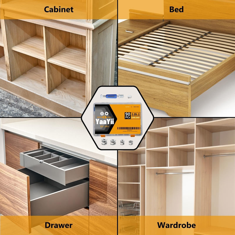 [Australia - AusPower] - Cam Locks for Furniture 90 Pcs 3-in-1 Eccentric Wheels, Furniture Cam Lock Fasteners Compitable with IKEA Hardware Parts, Multi-Size Repair Spare Parts Nut & Bolt Assortment Sets 