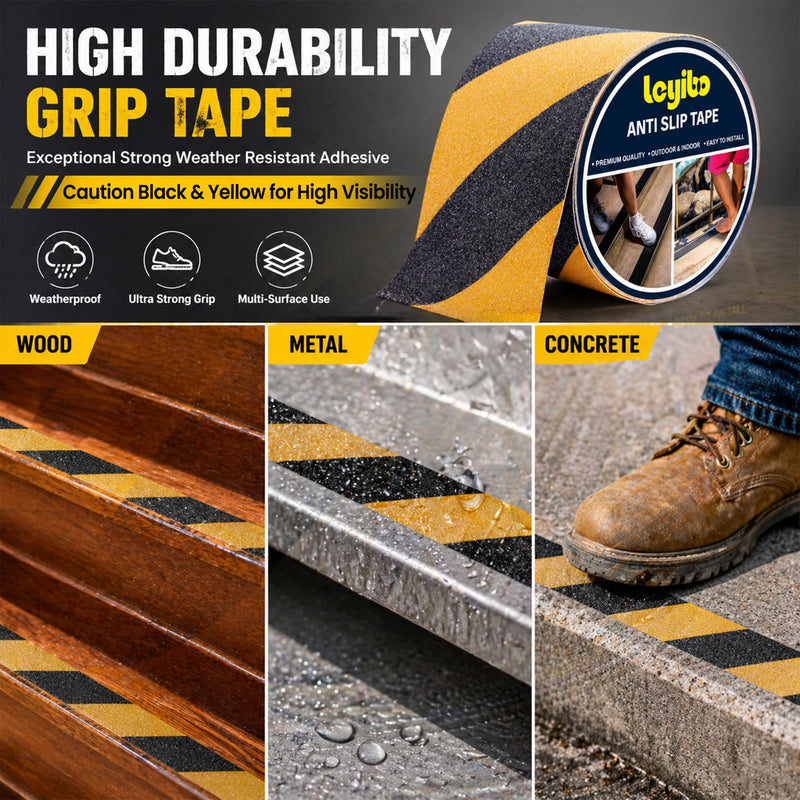 Anti Slip Tape, 4 Inch x 42 Ft Grip Tape for Stairs Outdoor/Indoor, Waterproof Non Skid Roll for Stair Treads Non Slip, High Traction Friction Abrasive Adhesive Stair Steps, Caution Yellow/Black 4" x 42'