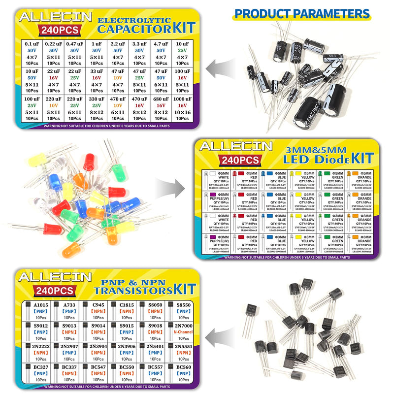 1910Pcs Electronic Component Kit Resistor Electrolytic Capacitor Schottky Diodes LED Diode Transistor Electronics Components Assortment for DIY Project