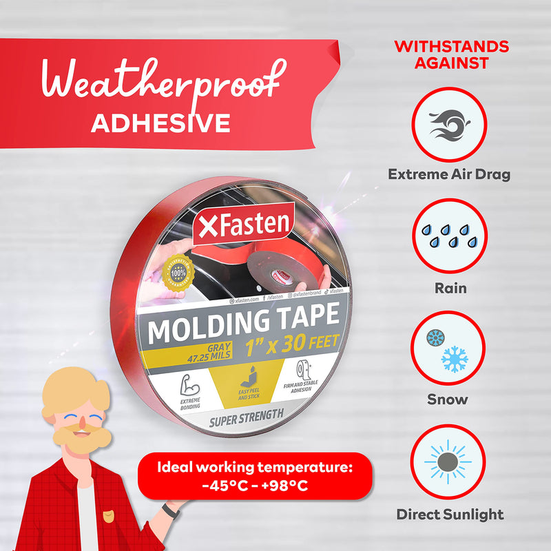 XFasten Super Strength Automotive Molding Tape, Gray, 1-Inch x 30-Foot, Double Sided Exterior Mounting Tape for Auto Body Molding, Trim, Side Mirror, Emblem, Nameplate and Outdoor Applications