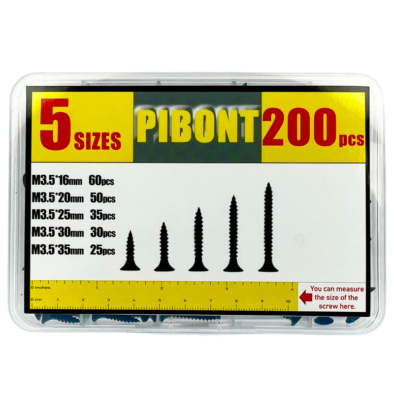 [Australia - AusPower] - Drywall Screws Assortment Kit,Wood Screws Assortment Kit,#6 Dry Wall Screws for Drywall Wood,Fine Thread Sheetrock Screws Set- Black Self Tapping Wood Screws,200pcs,5sizes,6#*(16-35mm) 200pcs/16-35mm 