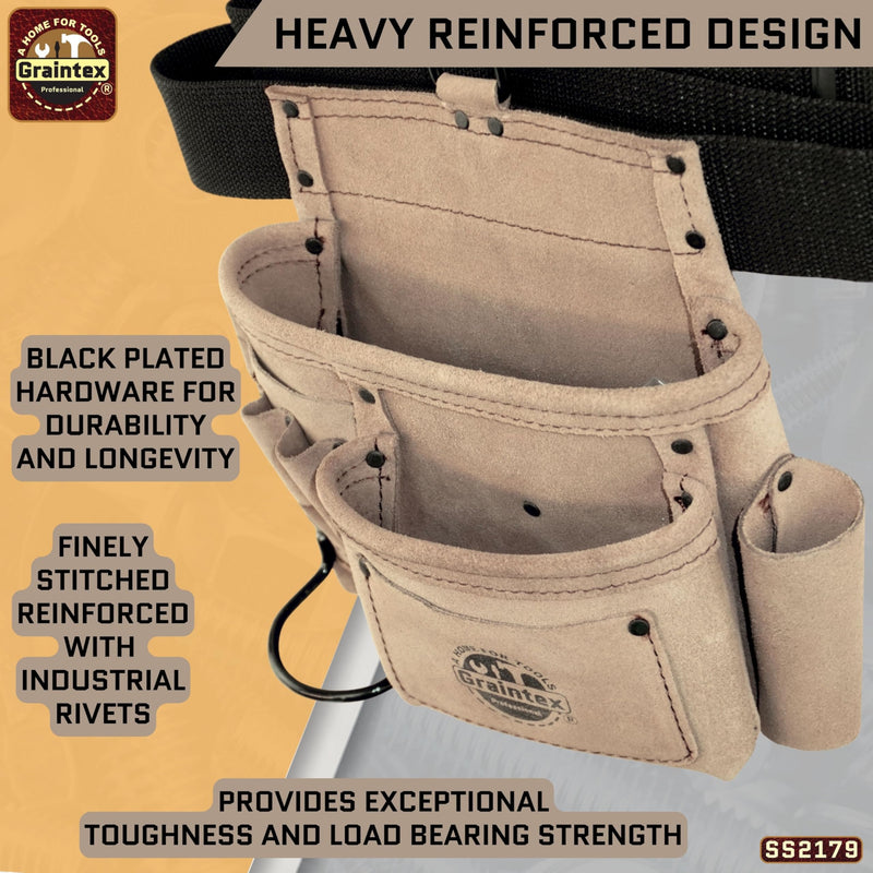 Graintex 5 Pocket Suede Leather Tool Belt/Bag, Multipurpose Leather Tool Belt for Women and Men, Ideal for Construction, Electrician, Handymen, Carpenter, Gardening Pouch & DIY Projects