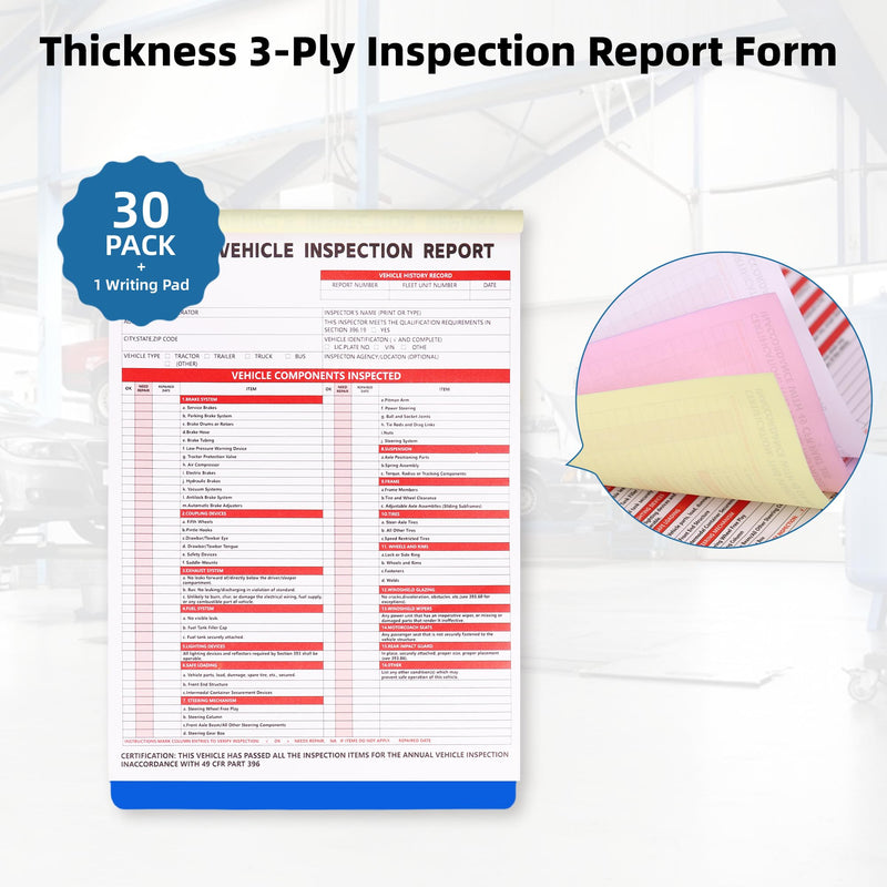 30-Pack Annual Vehicle Inspection Report Form, 3-Ply Carbonless Form and Hardboard, Includes 30-Pk Red FMCSA DOT Permanent Aluminum Adhesive Stickers, DOT Compliant