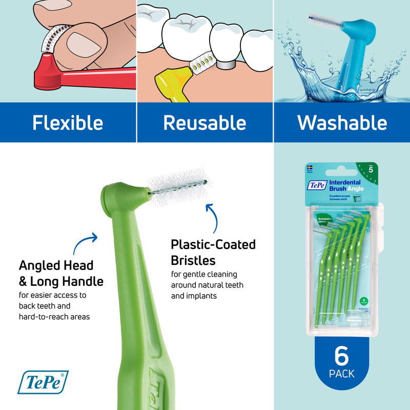 [Australia - AusPower] - TEPE Interdental Brush Angle, Angled Dental Brush for Teeth Cleaning, Pack of 6, 0.8 mm, Large Gaps, Green, Size 5 