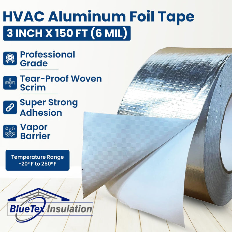BlueTex Insulationㅤ HVAC Aluminum Foil Tape 3 inch x 150 ft (6 mil), Professional Grade Silver Duct Tape Metallic, Tear-Proof HVAC Tape, Heavy Duty, for Ductwork, Dryer Vent & Insulation - 1 Roll 3" wide x 150' long