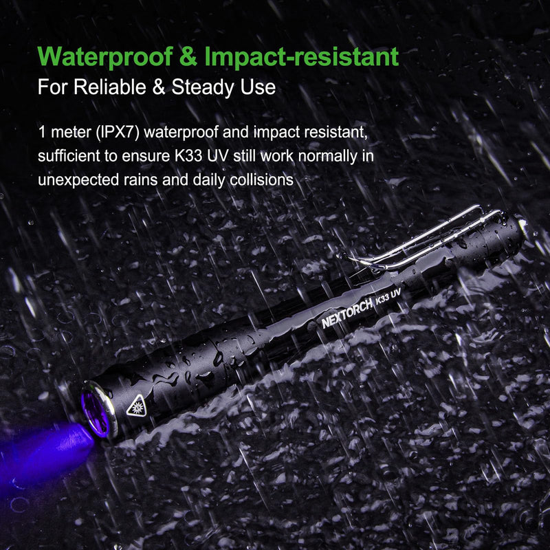 [Australia - AusPower] - NEXTORCH K33 UV Pen Light, 365 nm Black Light Rechargeable Pocket Flashlight with Black Glass Filter & 1300 mW for Resin, Pet Urine Detection, Evidence Collection, Authentication, Hygiene Inspection 