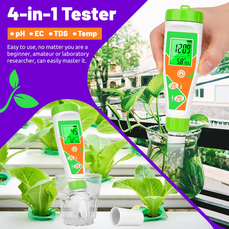 [Australia - AusPower] - pH Meter for Water Hydroponics Nutrient 4 in 1 Digital EC pH TDS Temp Meter for Water System PPM and EC Water Tester for Hydroponics, Indoor/Outdoor Plant Grow, DWC System, Gardening 