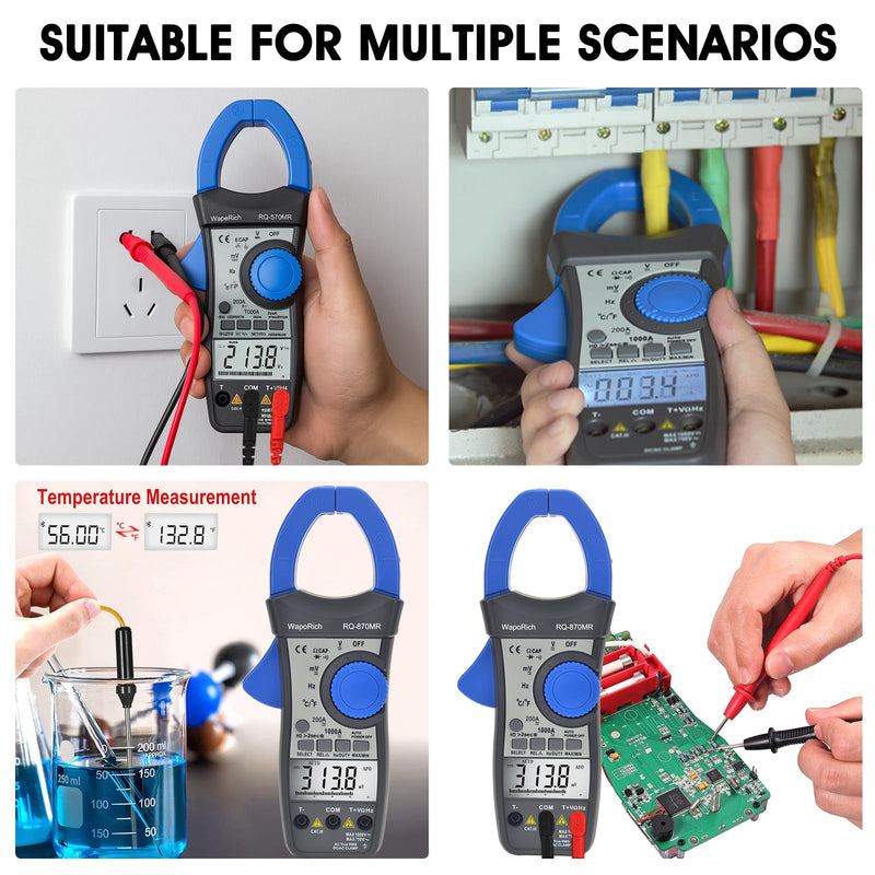[Australia - AusPower] - Clamp Multimeter TRMS Auto-Ranging, 4000 Counts AC/DC Voltage Current Meter, Temp Frequency Capacitance Diode Continuity Tester Backlit(RQ-870MR) 