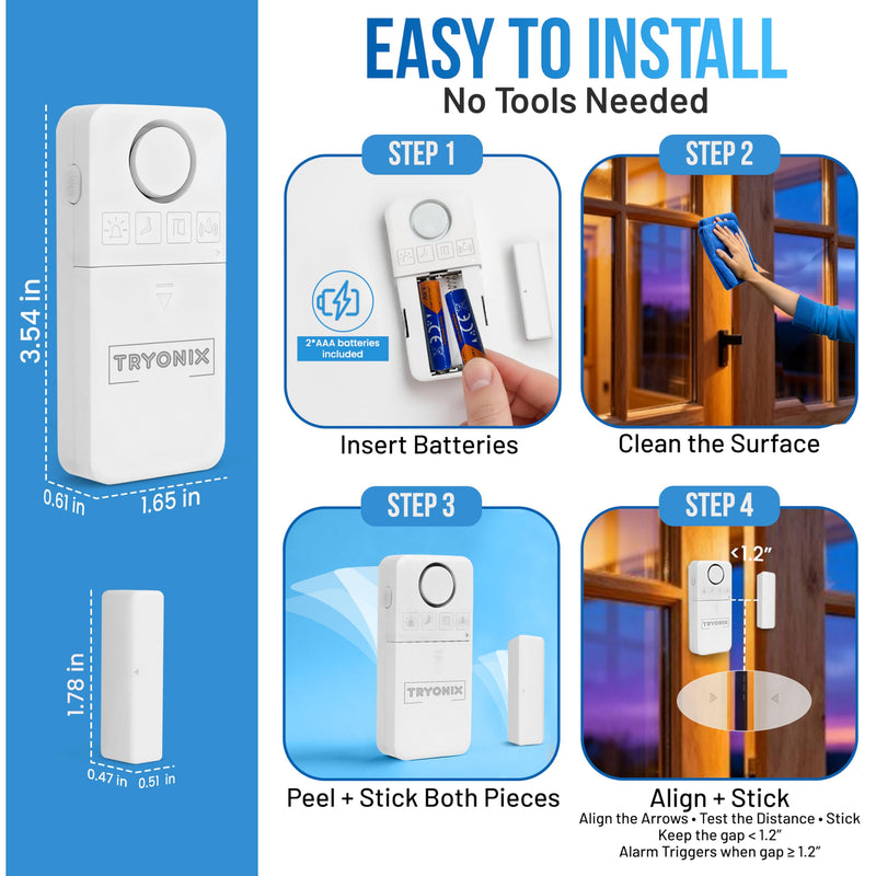 Door Alarms When Opened – 130 dB Loud Door & Window Alarm, 1.2” Wide Gap Sensor, Instant & Delay Alerts, 3 Volume Levels, AAA Batteries Included, Low Battery Alert, 4 Pack