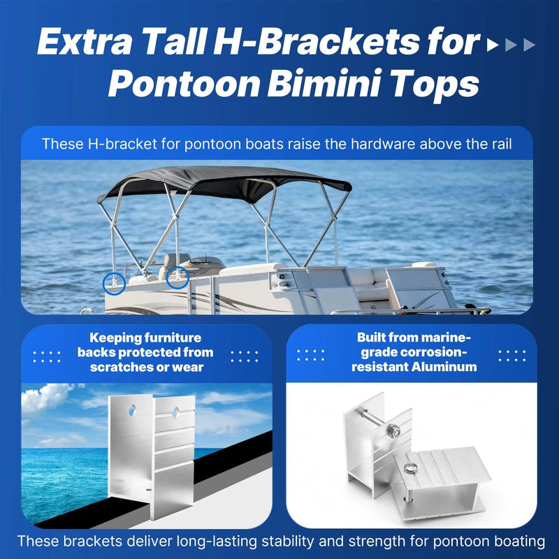 Extra Tall H-Brackets for Pontoon Bimini Tops, 1-1/4" Square Aluminum Tubing Mount, Compatible with Shademate Bimini Top Parts, Aluminum Aluminum 4 Pack