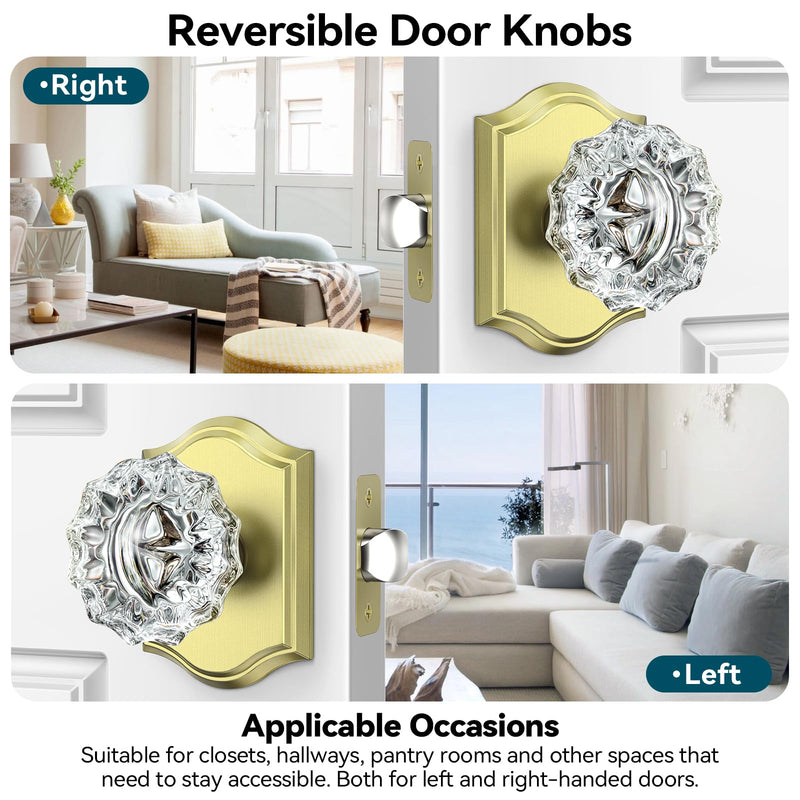 Passage Glass Door Knobs Interior, Brushed Gold Crystal Door Knobs Interior, Gorgeous Gold Crystal Glass Door Knob for Closet and Hall, 1 Pack