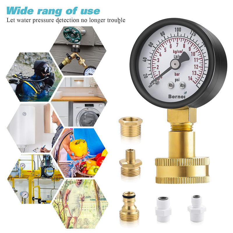[Australia - AusPower] - Water Pressure Gauge Kit,Universal Water Pressure Test Gauge with Lead-Free Brass Hose Fittings,3/4" Female Coupler Plus 5 Adapters to Test in Multiple Systems,0-200 Psi Hydraulic Pressure Tester 2.1" Dial 