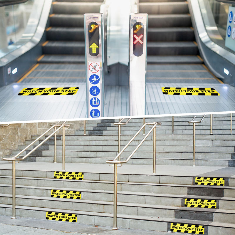 Fulmoon 4 Pcs 20 x 5 Inch Watch Your Step Stickers Tape, Watch Your Step Sign, Self Adhesive Anti Slip Water Resistance Decals Caution Vinyl Decal for Safety Indoor Outdoor Workplace Wet Floor