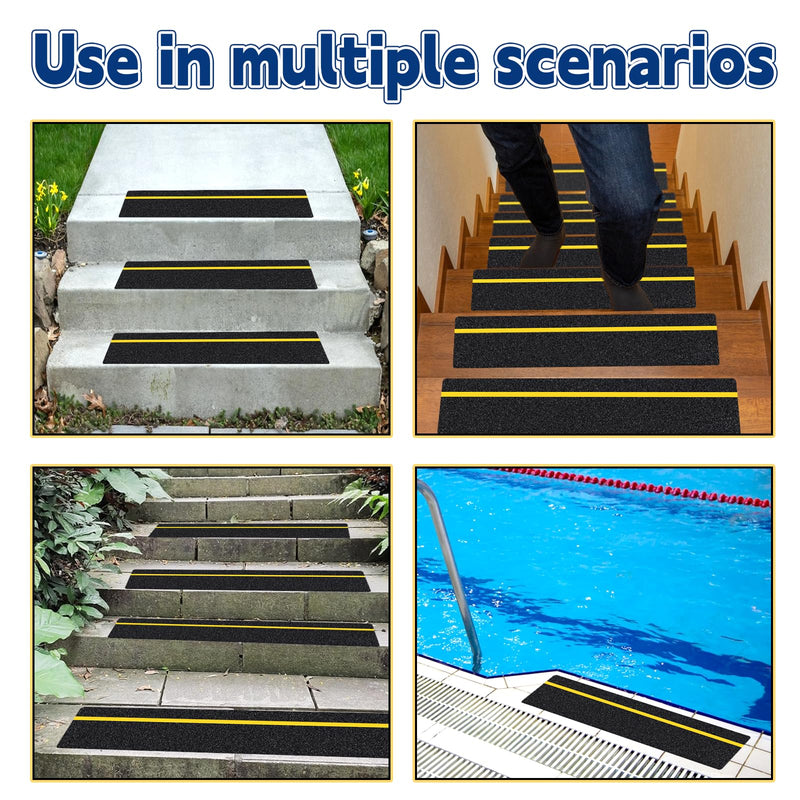 6" x 30" Anti Slip Stair Tread with Reflective Strips, 10 Packs Non Slip Grip Tape with Glow in Dark Stripe, High Friction Deck Grip Tape Strips, Self-Adhesive Outdoor Non Skid Tape for Stairs Step