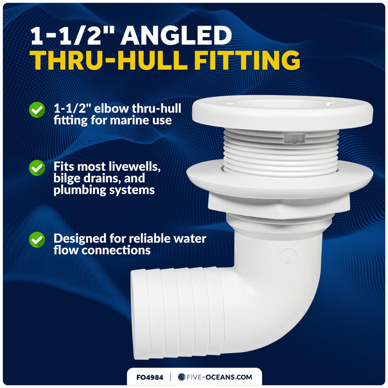 Five Oceans 1-1/2" Angled Thru-Hull Fitting - White ABS Plastic, 90-Degree Marine Boat Drain, Durable & Easy to Install for Boat, Pontoon, and Yachts - FO4984 90° (Angled) – 1-1/2" Hose