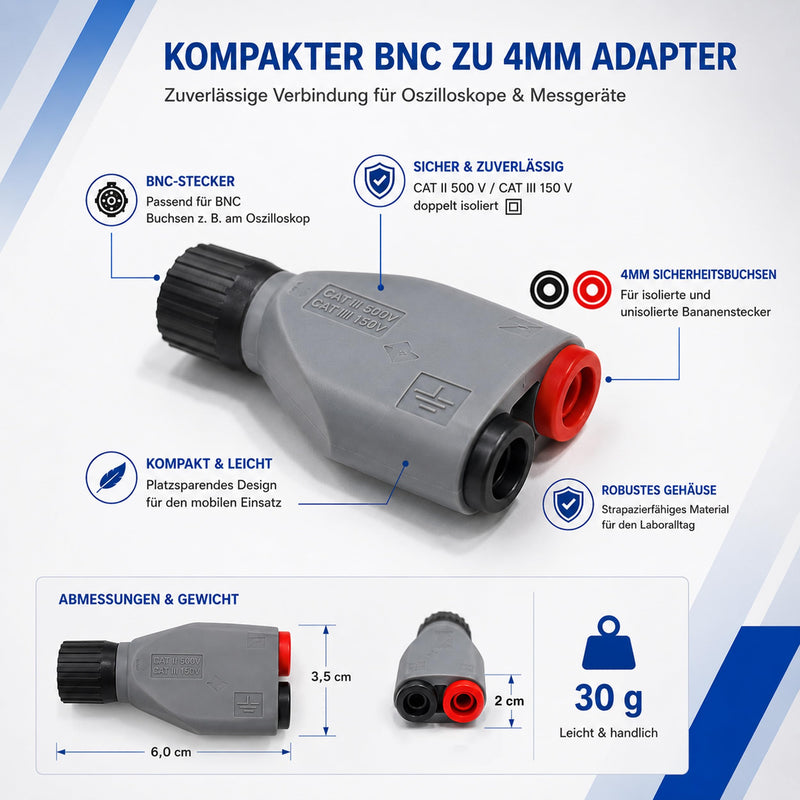 PeakTech 7055 BNC to 4 mm Adapter Plug for Oscilloscopes, Touch-Safe