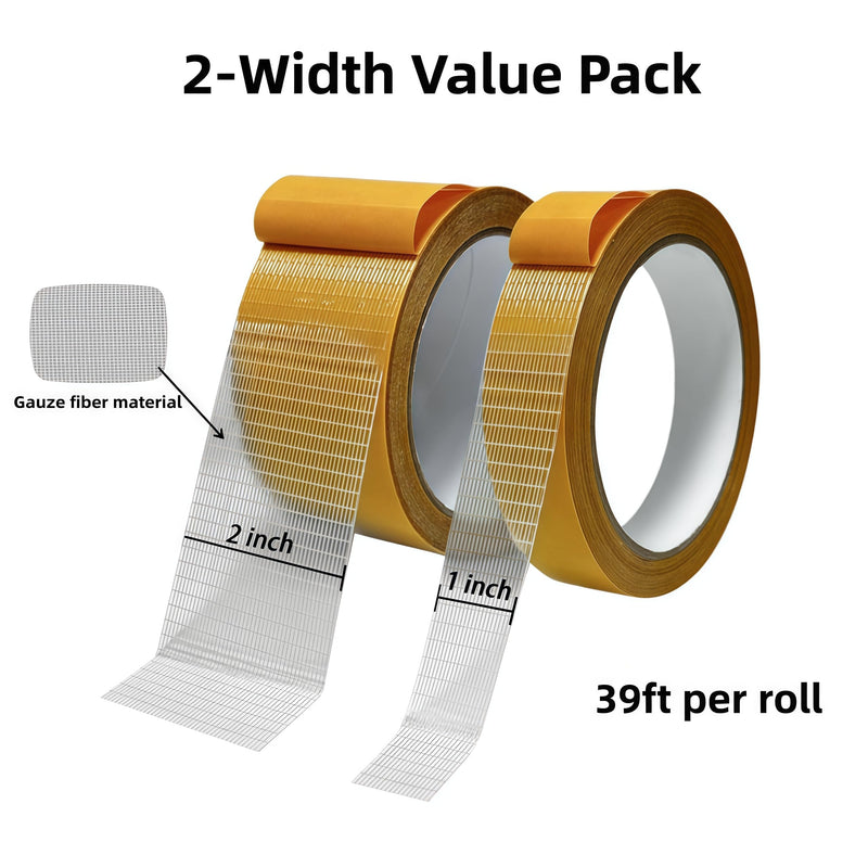 Double Sided Fabric & Carpet Tape - 1inch+2inch x39FT Each Value Pack - Heavy Duty High Stickiness Residue Free - Easy Tear No Sew for Clothes Hemming, Rugs & Runners, Crafts, DIY, Walls - Waterproof