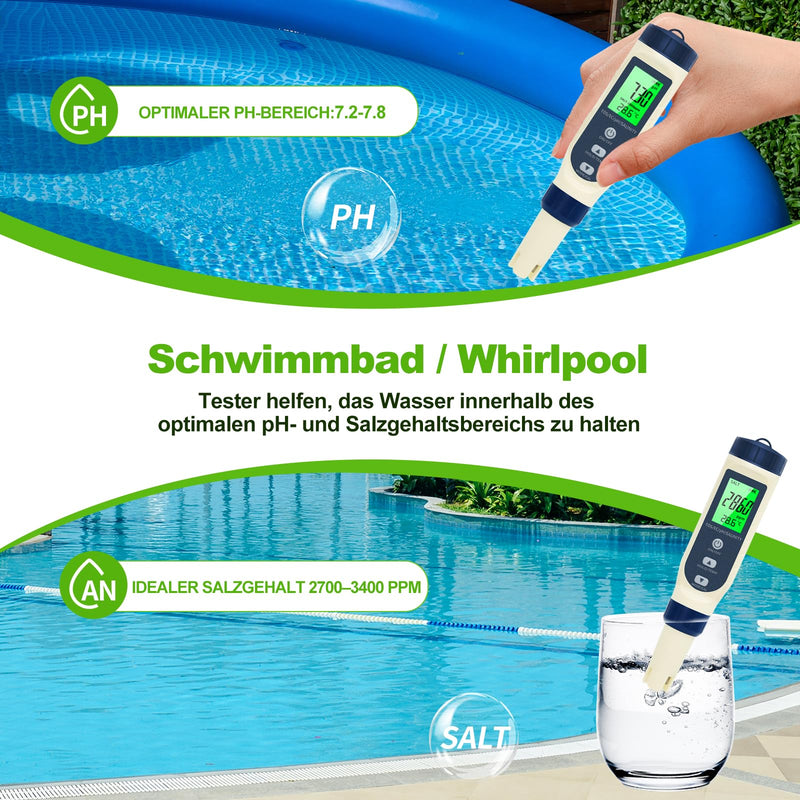 PH Meter Water, PH/TDS/EC/Salinity/Temp 5 in 1 pH Value Meter | With LCD display, automatic temperature compensation pH tester, high-precision water tester, ideal for drinking water, pool blue