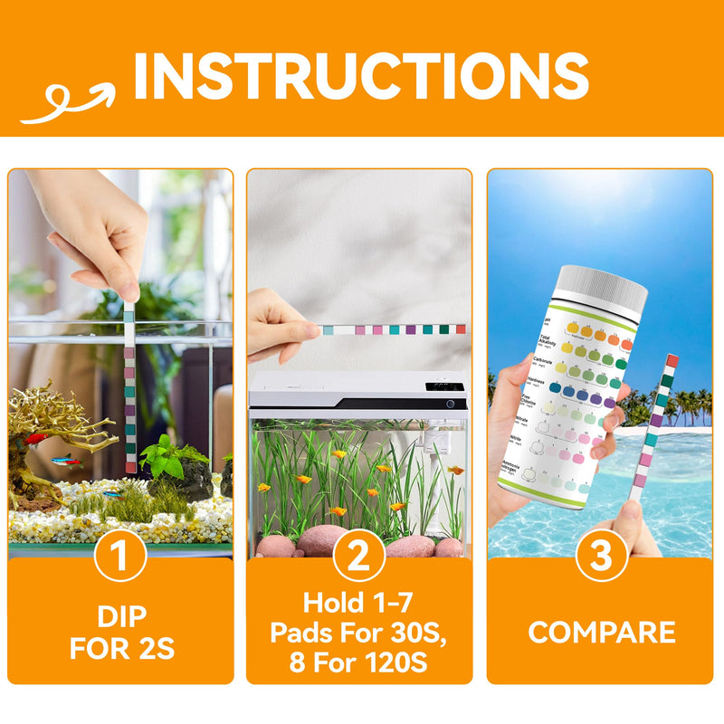 175-Count 8-Way Aquarium Test Strips with Ammonia-Accurate Test Ammonia,pH, Total Alkalinity, Carbonate, Hardness, Free Chlorine, Nitrate and Nitrite for Fish Tanks & Ponds