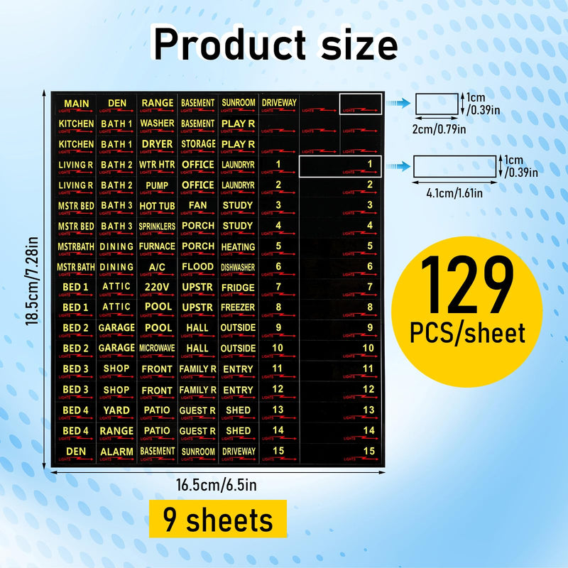 9 Sheets (1161pcs) Electric Panel Labels, Waterproof Easy to Read Breaker Box Labels, Durable Breaker Panel Label, for Home Office, Electrician Catalog Load Center, Black