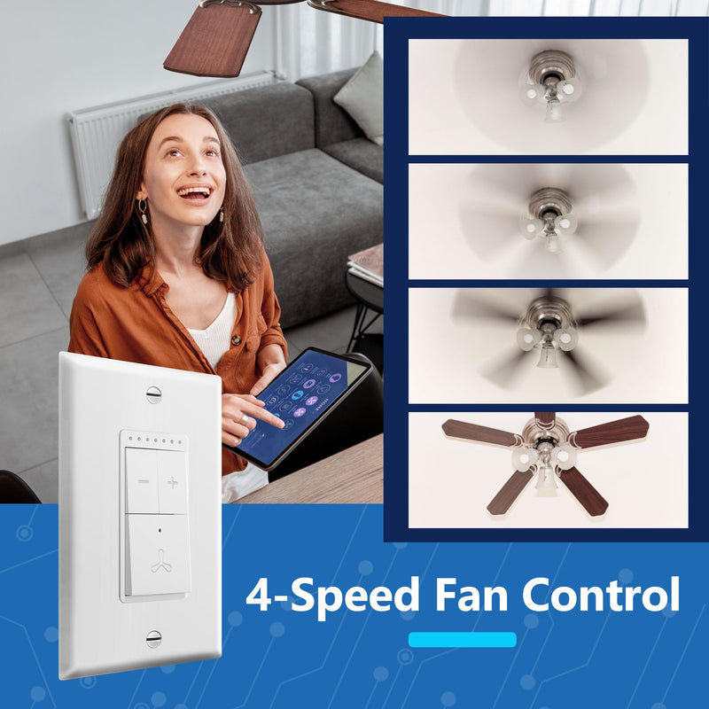 [Australia - AusPower] - LIDER Smart Fan Switch, Wi-Fi 4-Speed Fan Control Switch, Single Pole Only, 2.4GHz WiFi Remote Control Ceiling Fan Switch, Neutral Wire Required, 120V, 1.5A Motor, LED Indicator Speed, White WiFi Fan Switch 