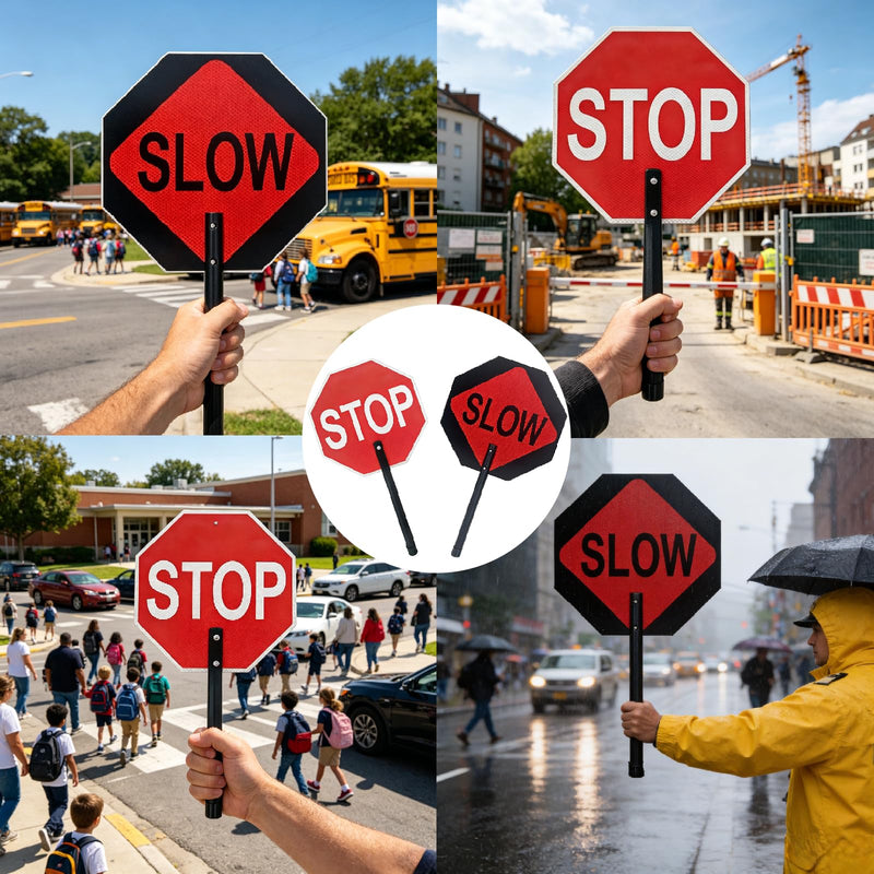 Stop Slow Sign with Wooden Handle, 2-Pack 13 x 13 Inch Double-Sided Handheld Stop Sign, Engineering-Grade Reflective Rust-Free Aluminum Slow-Down Signs, Weather- and Fade-Resistant, Easy to Mount.