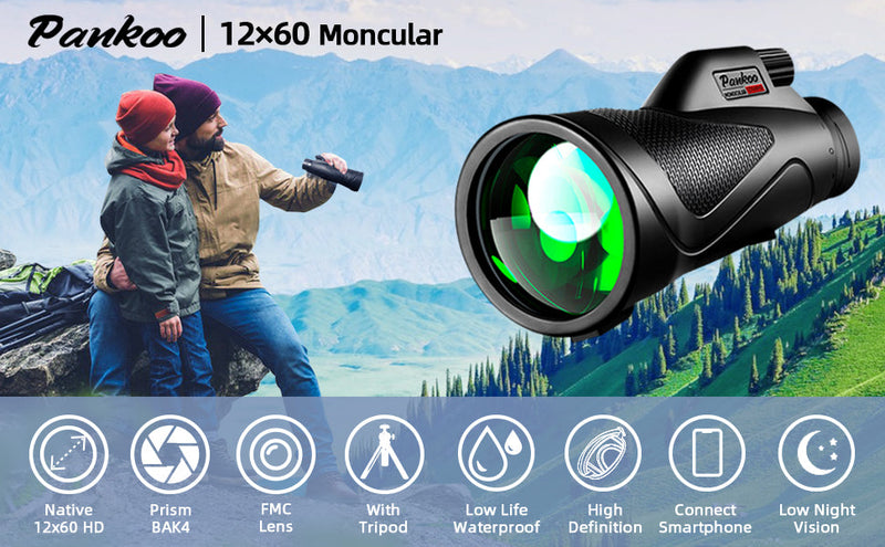 12x60 Monocular Telescope High Powered with Smartphone Adapter Tripod and Portable Bag, Larger Vision Monoculars for Adults with BAK4 Prism & FMC Lens, Suitable for Bird Watching Hiking Travel Black Monocular