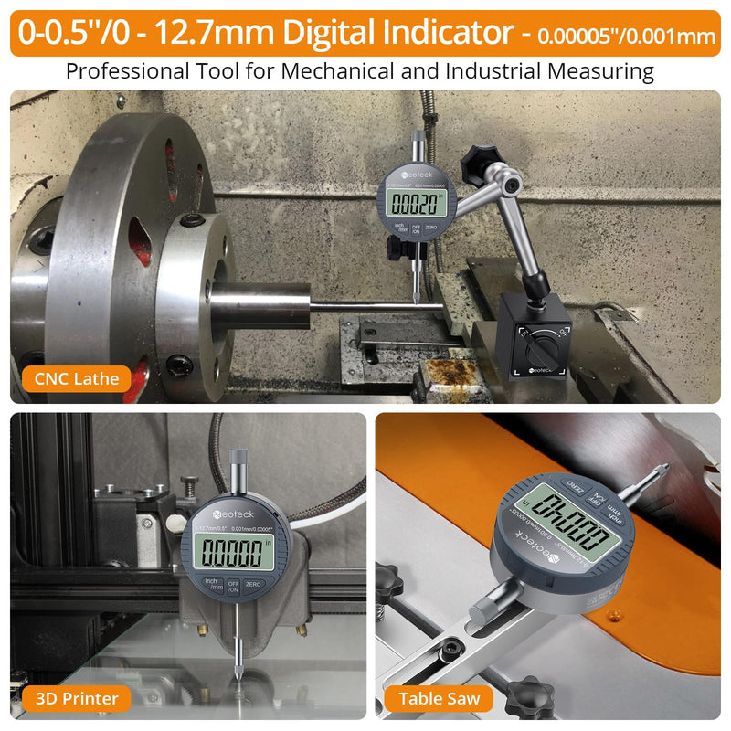 [Australia - AusPower] - Neoteck DTI Digital Dial Indicator 0.5 inch/12.7mm, High Resolution: 0.00005 inch/ 0.001mm, Digital Probe Indicator Dial Test Gauge Silver Gray 0-0.5''/0.00005'' 