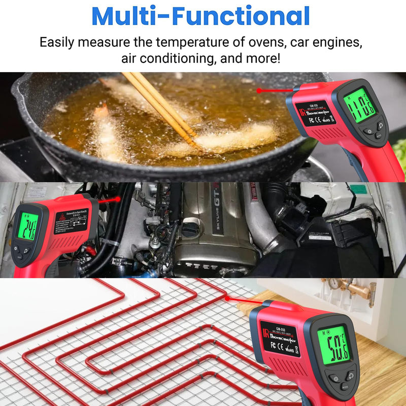 [Australia - AusPower] - Digital Infrared Thermometer, Laser Temperature Gun -58℉～1022℉(-50℃～550℃) IR Thermometer Gun with Adjustable Emissivity, Temp Gun Thermometer for Cooking, BBQ, Oven & Engine (Not for Human Body Temp) GM-550 Red 