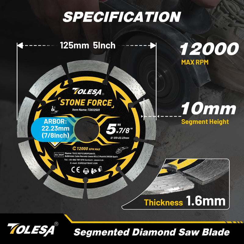 [Australia - AusPower] - TOLESA 5 Inch Segmented Diamond Blade for Angle Grinder, Diamond Cutting Wheel with 7/8" Arbor, 20mm & 16mm Adapter Ring, 5" Stone Blade Fast Cut Masonry, Concrete, Brick (3-Pack) 