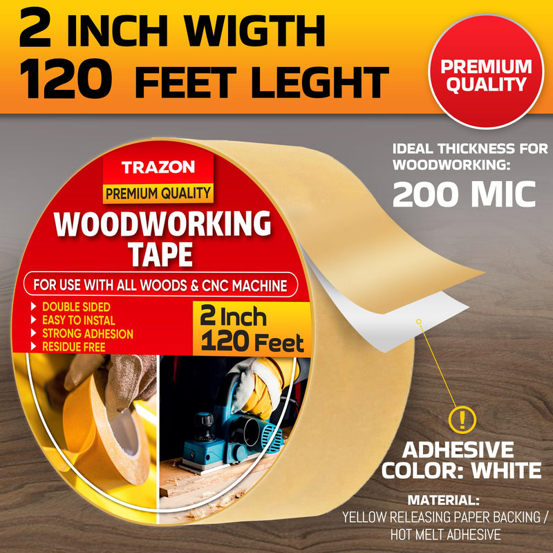 Trazon Double Sided Woodworking Tape Super Strong, 2 Inch x 120 Feet, Wood Crafter Sticky Tool, Two Side Adhesive for Router Templates and CNC Machine, Removable & Residue Free 1 2 Inch x 120 Feet, 1 Pack