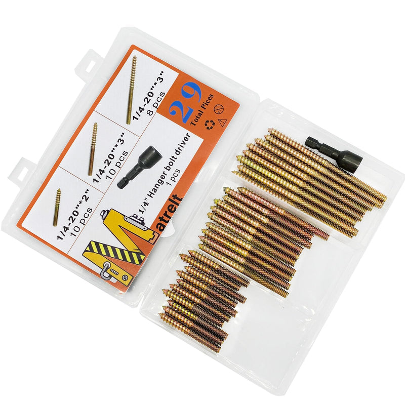 [Australia - AusPower] - 29 Pack 1/4-20" Hanger Bolts 3Sizes 2-4 Inch Include1 pcs Hanger Bolt Driver Double Headed Bolts Wood Dowel Screw Self-Tapping Screw for Furniture Screws Wood Screws Double Screw Threaded Rods 3 Size 1/4-20"-28P+Tool 