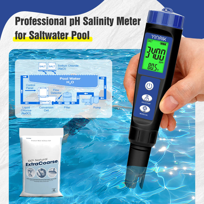 pH Salt Meter Salinity pH Tester for Saltwater Pool 6 in 1 pH Salt EC TDS ORP Temp Test Kit Pool pH ORP Monitor Hydroponic pH Conductivity PPM Reader YINMIK Salt Checker for Aquarium Koi Pond