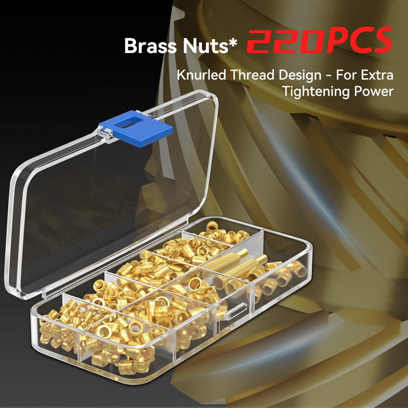 [Australia - AusPower] - Heat Set Insert Tools kit 80W Digital Soldering Iron with Iron Tips and Heat Set Insert Tips, 220Pcs Threaded Inserts Brass Nuts for Plastic 3D Printer Parts Gold 