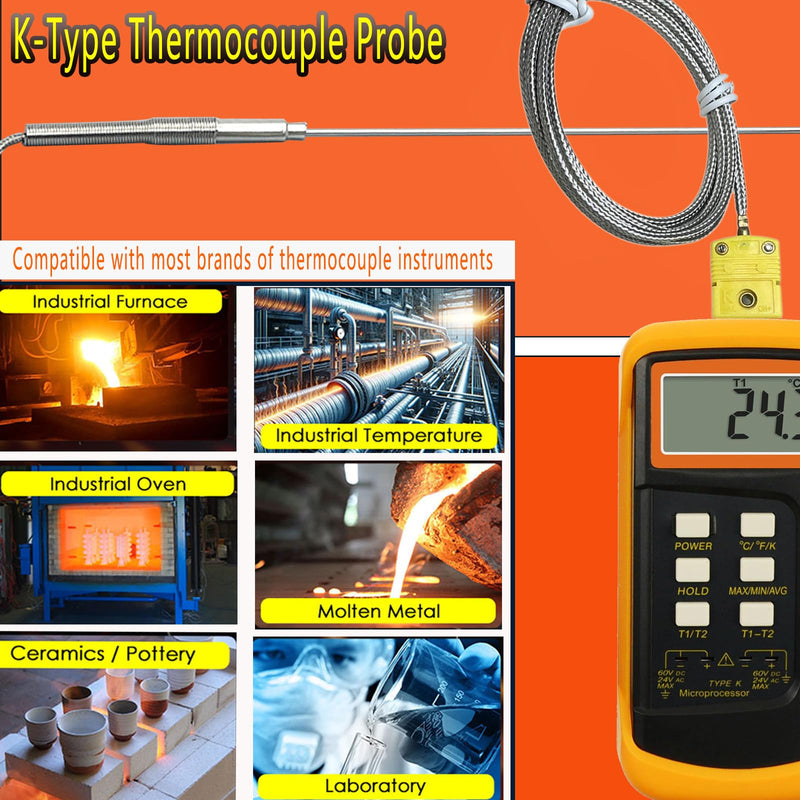 [Australia - AusPower] - 2 Packs TL1913SL K-Type thermocouple Probes -50℉~1100℉ 12in /0.04 in /47 in 