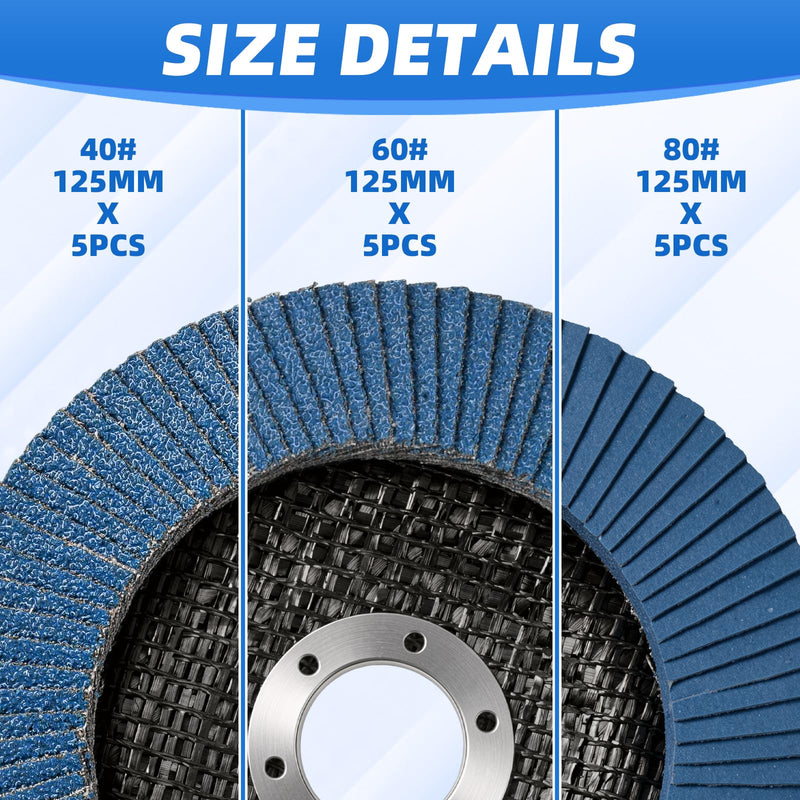 Flap disc 125 for metal, wood, steel. Fast and precise cutting. T29 flap discs, 20 pieces, blue. Grinding mop discs, 125mm, for angle grinders. 5×P40/60/80 125 mm, 15 pieces, mixed grits.