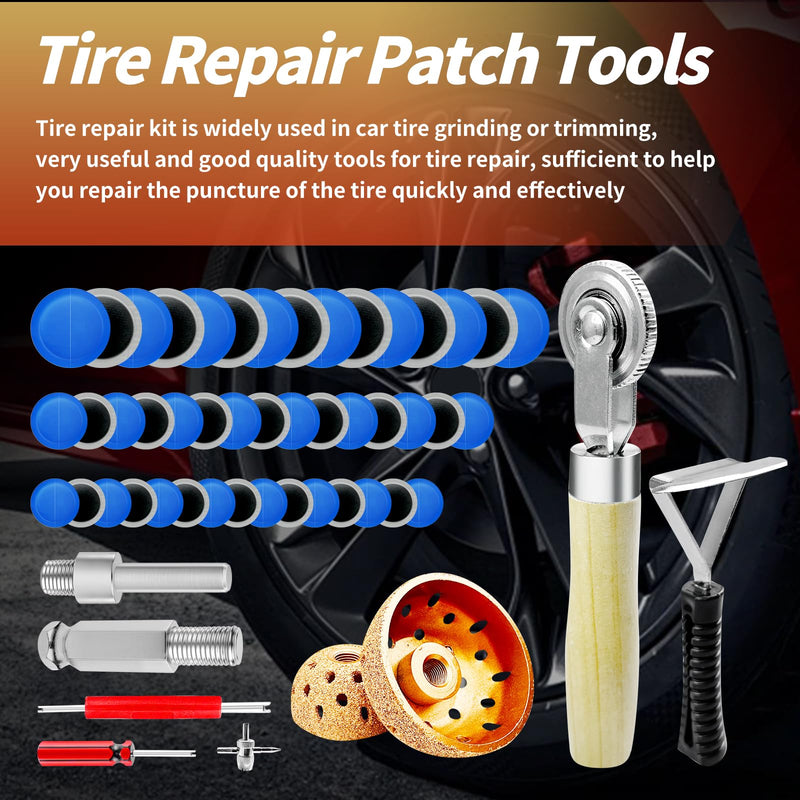 [Australia - AusPower] - 54Pcs Tire Patch Kit Heavy Duty, Tire Repair Tools 42 mm 55 mm Tungsten Steel Buffing Wheel with 32/42/58mm Tire Patches, Inner Liner Scraper, Tire Patch Roller for Car Grinding Polishing Accessories 