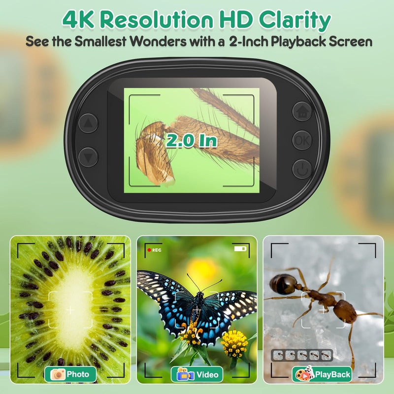 [Australia - AusPower] - 1000 x Mobile Phone Digital Microscope for Children: 4K 2.0 Inch Screen Rechargeable Mini Pockets Portable USB Trichome Microscopes Science Kit with Slide Set Gifts for 4-12 Years Old Green 