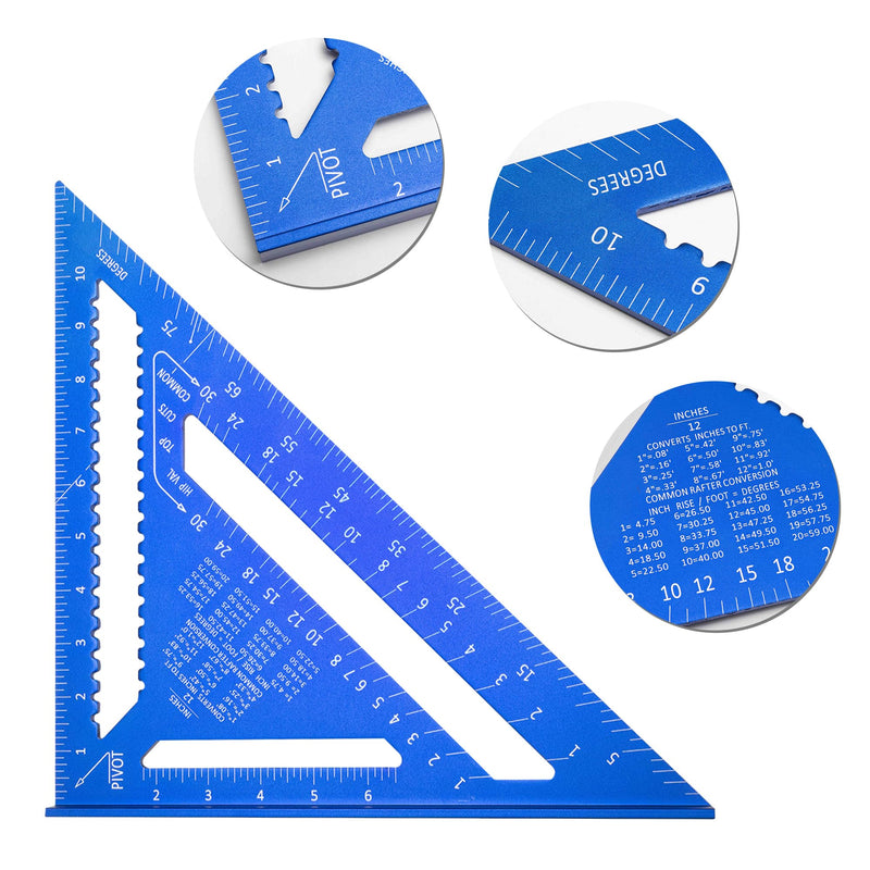 Beslands Aluminum 12 inch & 7 inch Rafter Square Carpenter Set Measuring Layout Tool Alloy Metal Triangle Ruler Protractor for Woodworking and Carpentry Imperial, Blue 7" + 12" - Set