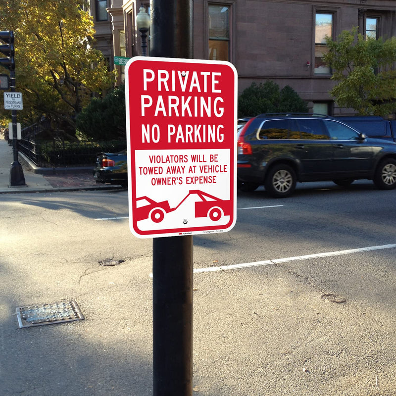 SmartSign 18 x 12 inch “Private Parking - No Parking, Violators Towed At Vehicle Owner's Expense” Metal Sign, 63 mil Aluminum, 3M Laminated Engineer Grade Reflective Material, Red and White, USA-Made