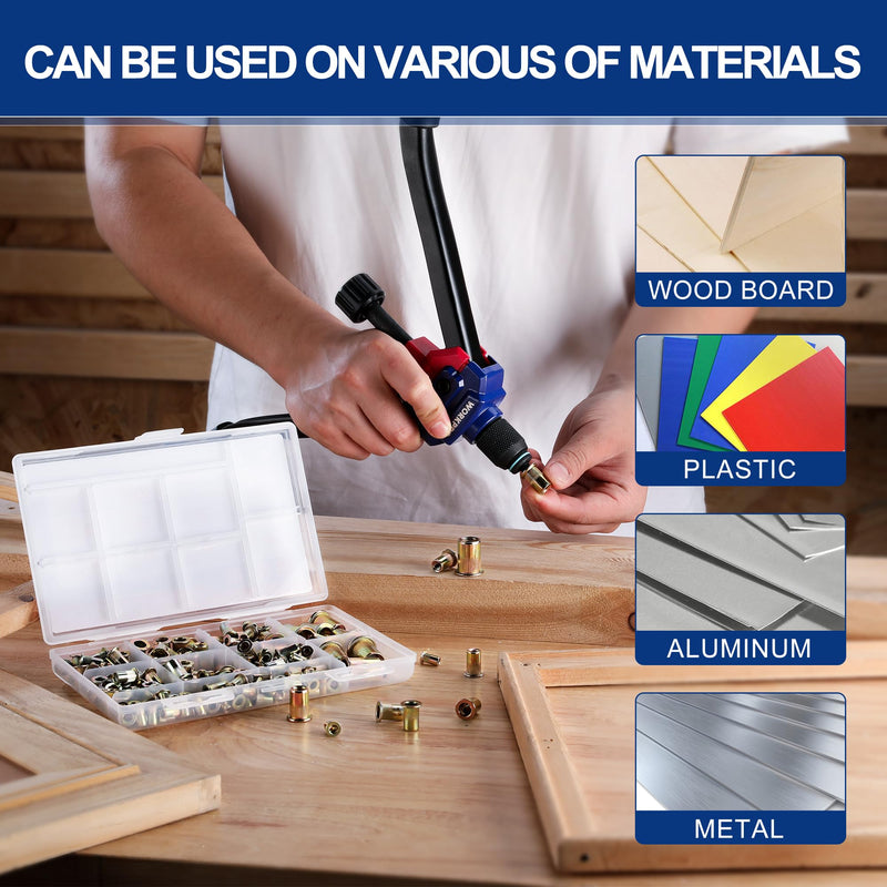 [Australia - AusPower] - WORKPRO 220Pcs Metric Rivet Nuts, Zinc Plated Carbon Steel Flat Head Threaded Insert Nut with Knurled Body, Include Storage Case, 7 Sizes Rivnuts Assortment Kit-M3, M4, M5, M6, M8, M10, M12 Metric- 7 size 220pc Carbon Steel 