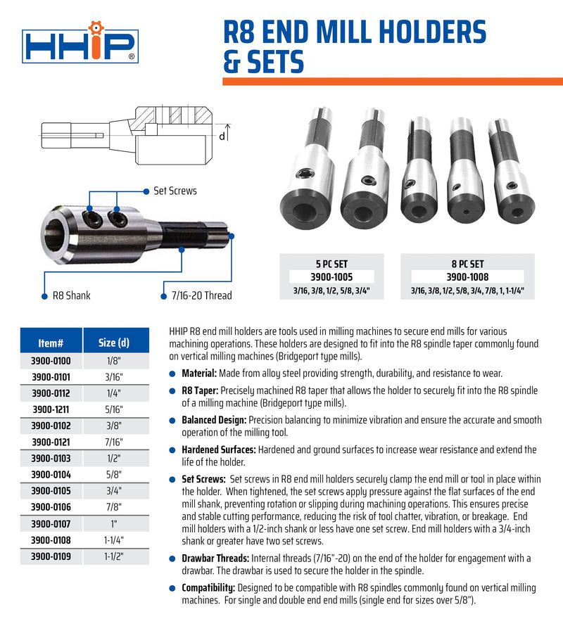 [Australia - AusPower] - HHIP 3900-0107 R8 End Mill Holder, 1" 1 in Single 