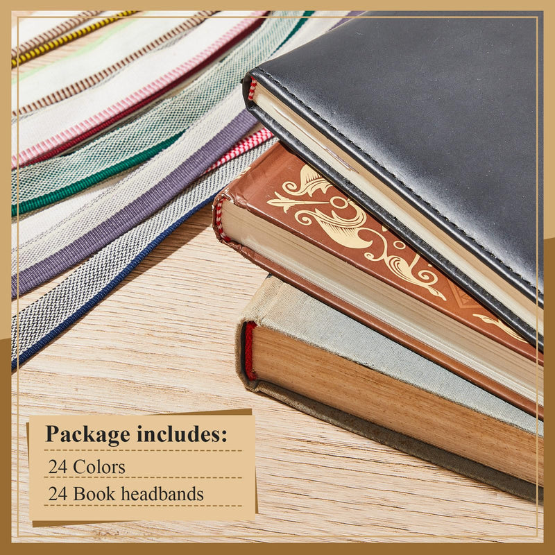 [Australia - AusPower] - 24 Pcs Book Binding Headbands 11.8 Inches Long 0.5 Inch Wide Cotton Book Headband Repair Book Cloth Kit Book Binding Materials for Beginners DIY 24 Colors Cuttable School Bookbinding Supplies 