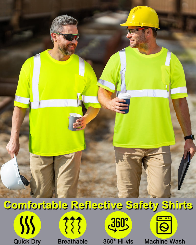 JaGely 4 Pcs Reflective Safety Shirts Short Sleeve High Visibility Hi Vis T-shirts for Construction Work with Front Pocket Medium Yellow